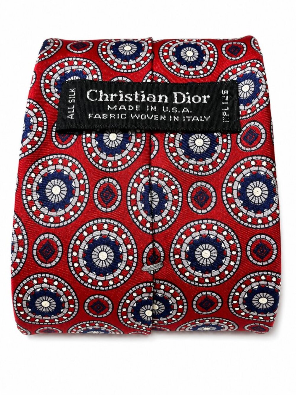 Vintage Christian Dior Red Silk Tie Blue Circle Medallion Made USA Woven Italy